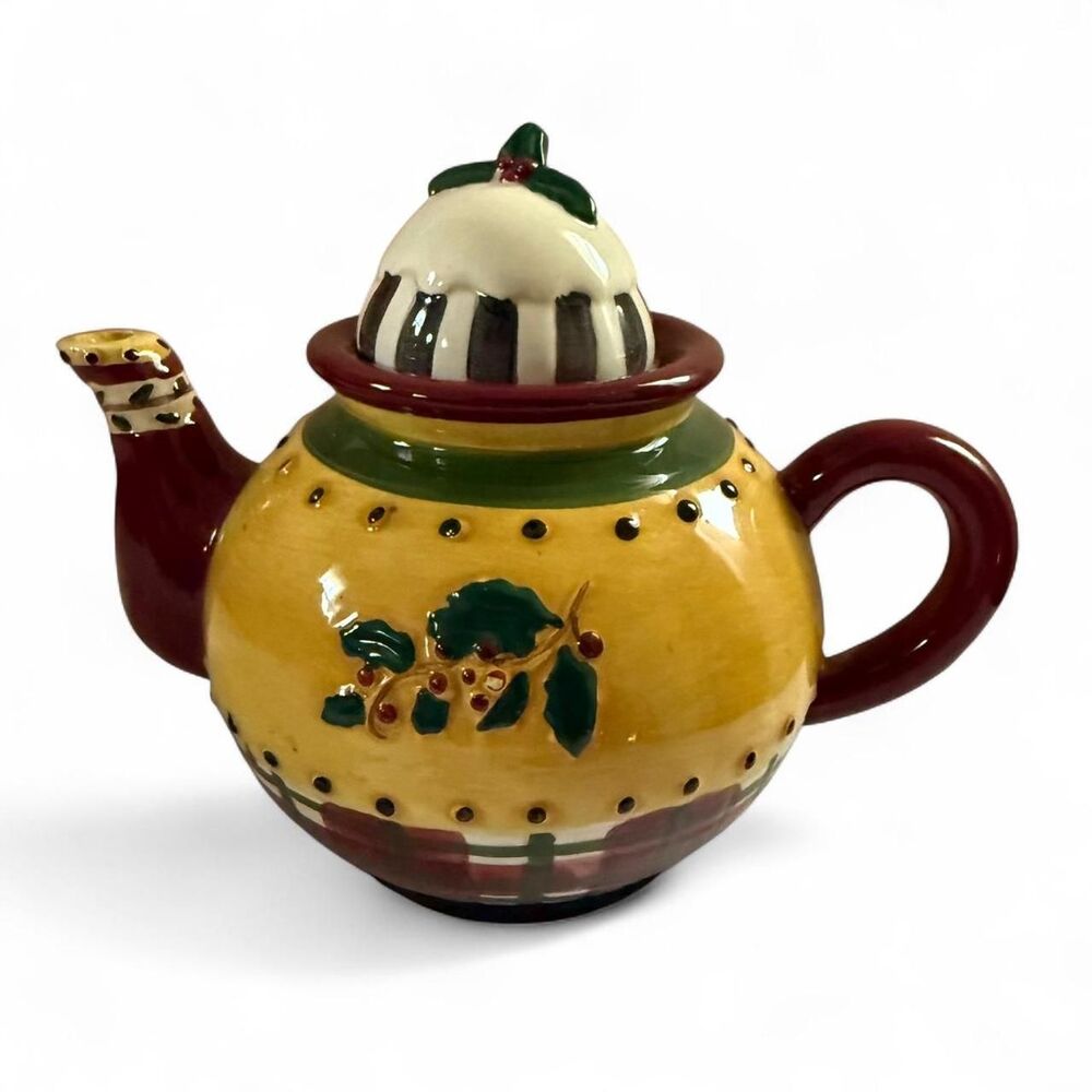 Sakura Debbie Mumm Christmas Teapot Holly Berry Plaid Ceramic Tea Pot Holiday 8”